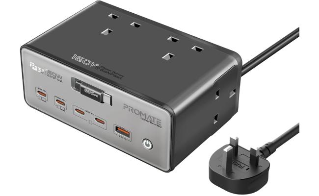 Promate PowerBrix-160 GaNFast 160W Charging Hub, Quad 3250W AC Sockets, 140W PD3.1 Usb-c, 100W USB-C, Dual 30W USB-C PD, 30W USB-A, Retractable Cable, 3m Power Cord - Gray